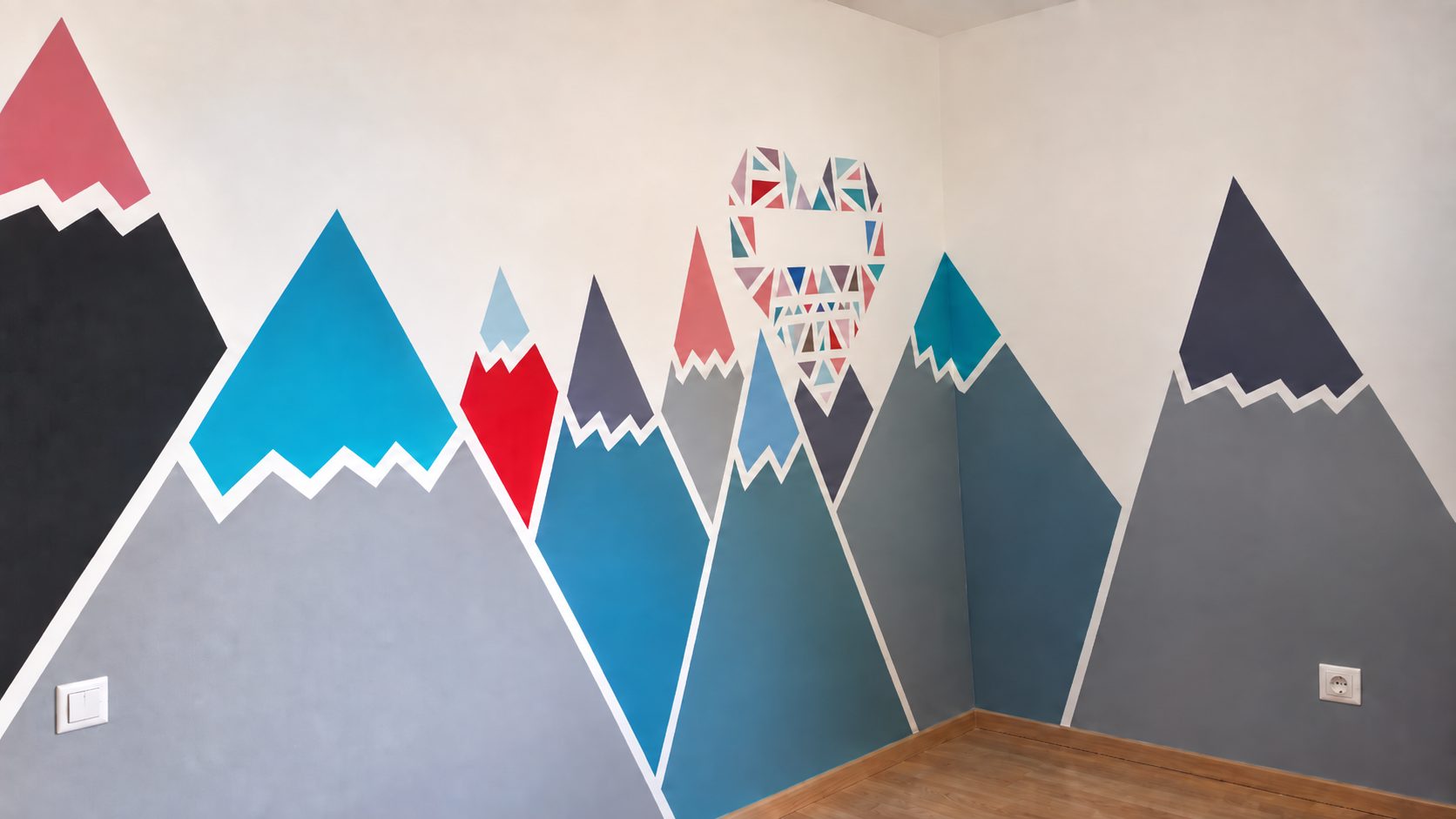 Kinderzimmer mit gemalter Berglandschaft in Blau-, Grau- und Rottönen über die ganze Wand